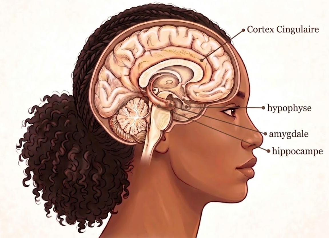 Coupe anatomique du cerveau montrant le cortex cingulaire, l'hypophyse, l'amygdale et l'hippocampe